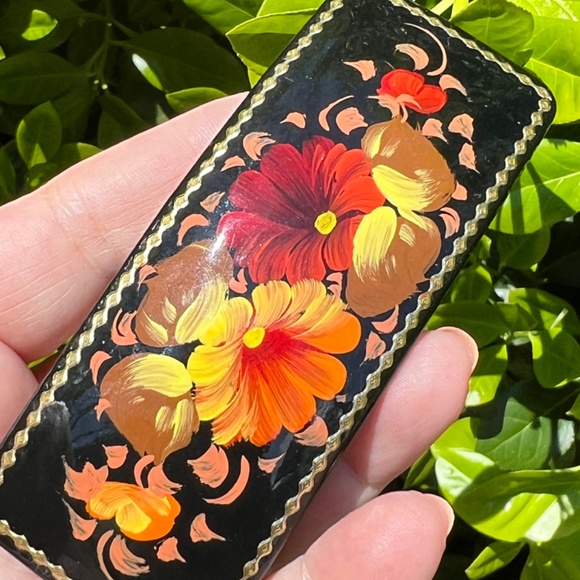 Vintage Russian Lacquer Hand painted Floral Yellow Orange Red Barrette Hair Clip main image 16